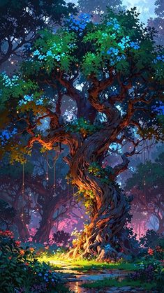 a painting of a tree in the middle of a forest with lights coming from it