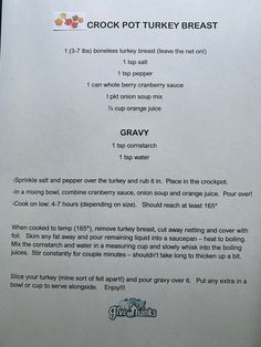 a menu listing the various types of turkeys and gravy on it's side