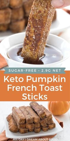 the keto pumpkin french toast sticks are being dipped with chocolate sauce and served in a white bowl