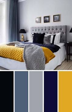 a bedroom with yellow and gray colors in the walls, along with pictures on the wall