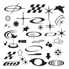 an assortment of different shapes and sizes on a white background, including stars, circles, lines