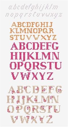 cross stitch alphabets with numbers and letters in different colors, including the letter's upper