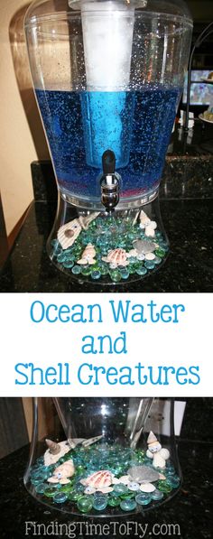 the ocean water and shell creatures are on display in this dispensible container