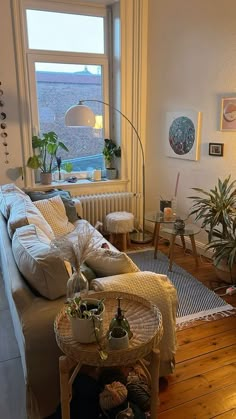 a living room filled with furniture next to a window covered in lots of windowsilling