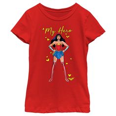 We have been hooked by Wonder Woman’s Lasso of Truth and we cannot tell a lie! We're here to tell you that these officially licensed DC Comics styles are tubular! This Wonder Woman Retro My Hero Girls' Graphic T-Shirt features Wonder Woman in her comic book version standing tall across the front, along with yellow hearts and the statement: "My hero" printed in matching yellow lettering above her. Grab one of these amazing graphic apparel and celebrate the iconic superheroine this Valentine's Day Wonder Woman Tshirt, Lasso Of Truth, Wonder Woman Outfit, Yellow Hearts, Hero Girl, Yellow Heart, Girls Graphic Tee, Graphic Tee Design, Graphic Apparel