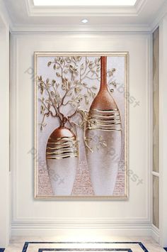 two vases with flowers in them on a wall next to a blue and white tile floor