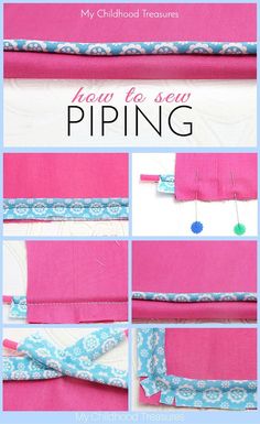 the instructions for how to sew a piping bag with pink and blue fabric