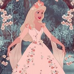 the princess in her pink dress is standing under an arch with white flowers on it