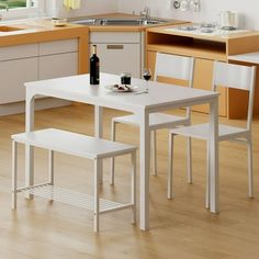 a kitchen table with two chairs and a bottle of wine on the dining room table