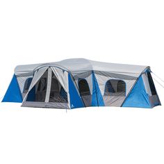 a blue and gray tent with the door open on a white background, it is set up to be used for camping