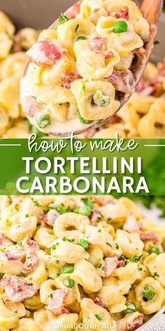 a spoon full of tortelli carbonara pasta with peas and ham in it