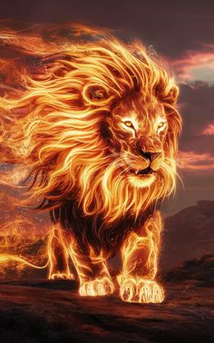 a lion is standing in the middle of a field with flames coming out of its mouth