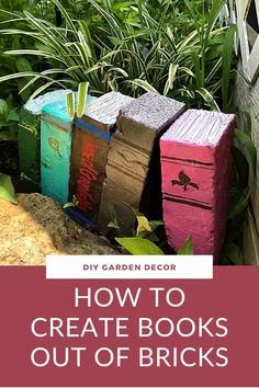 colorful books are stacked on top of each other in the garden