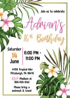 an image of a birthday party with tropical flowers and palm leaves on the front of it