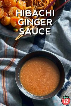 a bowl of food with chopsticks next to it and the words hibashi ginger sauce