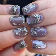 Short Nail Designs Sparkle, Short Nails With Chrome, Purple Silver Nails, Nana Nails, Purple And Silver Nails, Asian Nails, Hippie Nails