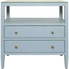 a blue nightstand with two drawers and gold knobs on the bottom, against a white background