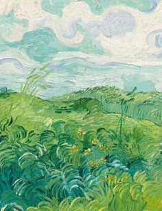 a painting of green grass and flowers in front of a blue sky with white clouds