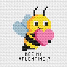 a cross stitch pattern with a bee holding a heart