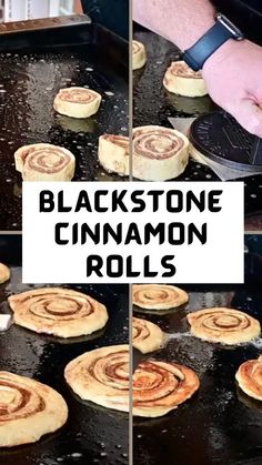 black stone cinnamon rolls being cooked in a cast iron skillet with text overlay reading blackstone cinnamon rolls