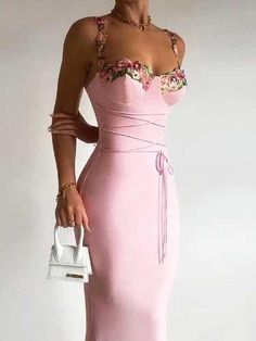 Pink Embroidered Long Bridesmaid Dress - SHExFAB Spaghetti Strap Prom Dress, Elegante Casual, Suspender Dress, Applique Dress, Mongolia, Club Dresses, Flowing Maxi Dress, Suspenders, Pink Dress