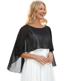 PRICES MAY VARY. Wear this capes with your any dress, it's very elegant and hits lots of compliments. Useing this sheer and stylish shawl wraps for a bridesmaid dress, you will be complimented on this style and look beautiful. Perfect for eveningwear that for whatever reason requires some modesty up top. It is the sheer fabric used in non high end eveningwear. There are several different ways to wear this capelets cover up: all to the back, over the shoulder, or as shown. you can use it to dress Cover Up For Dress Formal, Black Dress Coverups, Soft Wedding, Chiffon Cover Up, Shrug For Dresses, Formal Fashion, Chiffon Evening Dresses, Dresses Chiffon, Capes For Women