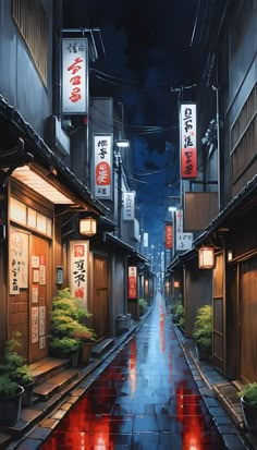 an alley way with lanterns and signs on the buildings at night, reflecting water in the wet pavement