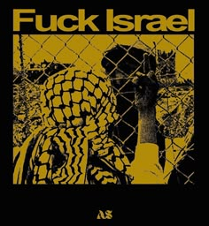 a black and yellow poster with an image of a person behind a fence, the words f