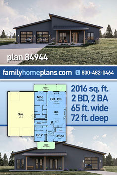 the floor plan for this modern home is shown in two different colors and sizes, including blue