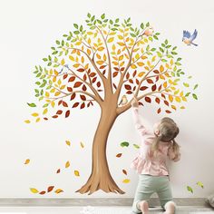 PRICES MAY VARY. 🍂【Full-Color Printingl】: Our gaint tree wall decals are made of high-grade vinyl material, removable and repositionable. With double-sided printing, the color is more obvious and bright，and the sticker displays acutal color even on walls of different colors. Also, it is easier to apply and splice, will not get stuck and stretch while applying. 🍂【Special Design】: This autumn tree wall sticker is designed with a large autumn tree with green leaves slowly turning to gold, and col Painted Tree Mural, Sticker Displays, Peeling Wall, Classroom Tree, Tree Wall Decals, Modern Wall Decals, Stick Wall Art, Design Sheet, Leaves Falling