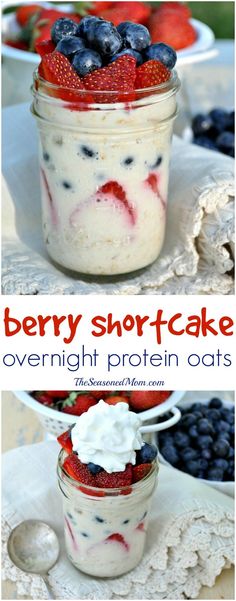 berry shortcake overnight protein oats in a jar