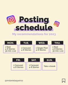 the poster for posting schedule is shown in purple and black, with an instagramtion