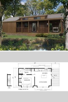 the floor plan for a small cabin with an attached porch and living room, as well as