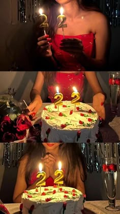 two women are sitting in front of a cake with candles