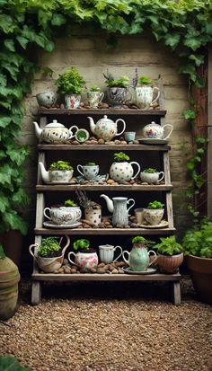 a shelf filled with lots of pots and plants