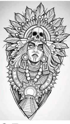 a black and white drawing of a woman's face with an elaborate headdress