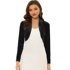 Whether you plan your whole outfit around it or simply slip it on for extra warmth, this jacket is sure to make you look chic. This elegant evening dress shrug is a great choice for your girlfriend, wife, daughter, or friends during the Festival. This gorgeous tailored bolero cardigan is perfect for matching dresses, shirts, tops, pants, jeans, bags, and small accessories for casual, date, home, party, work, shopping, vacation occasions, etc. Winter Party Fitted Shrug, Elegant Party Shrug For Fall, Elegant Fall Party Shrug, Formal Long Sleeve Shrug For Fall, Fitted Holiday Cardigan For Party, Holiday Black Fitted Outerwear, Elegant Winter Shrug For Night Out, Winter Party Black Shrug, Black Winter Party Shrug