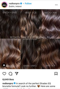 Brown Hair Color Chart, Redken Color, Redken Shades Eq, Hair Color Chart, Hair Color Formulas, Hair Color Techniques, Hair Game, Brunette Hair Color, Brunette Hair