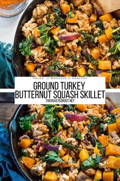 a skillet filled with ground turkey, butternut squash and kale in it