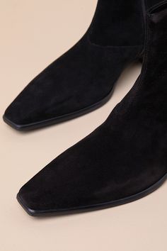 Classically chic OOTDs are endless when you have the Vagabond Nella Black Suede Leather Ankle Boots! These timeless boots feature a genuine suede leather construction that shapes a squared, pointed-toe upper and a seamed vamp that rises to an ankle-high shaft. A 6.5"" zipper at the instep makes for easier styling, while a stacked low block heel completes the sophisticated look! Available in Euro sizes only. 1" stacked block heel. Lightly cushioned insole. Rubber sole has nonskid markings. Genuin Timeless Boots, Low Ankle Boots, Boots Suede, Low Block Heels, Leather Ankle Boots, Black Suede, Suede Leather, Block Heels, Rubber Sole