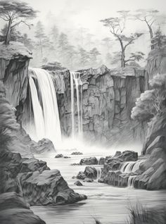 a drawing of a waterfall in the woods