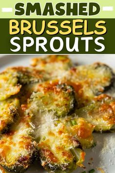 broccoli and cheese covered brussel sprouts on a white plate