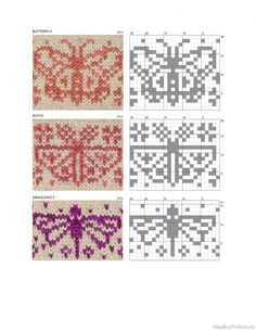 four cross stitch designs in different colors and sizes, each with an intricate design on the side