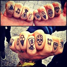 two pictures of fingers with tattoos on them