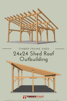 the timber frame shed is shown in three different views