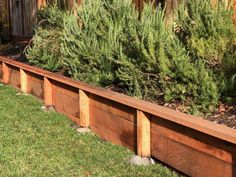 a long wooden planter filled with lots of green plants next to a fenced in area