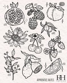 an image of fruits and vegetables with numbers on the front, in black and white