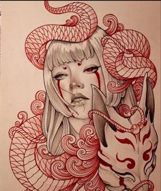 a drawing of a woman with dragon and snake on her face