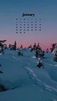 a calendar is displayed in the middle of a snowy landscape with trees and snow covered ground