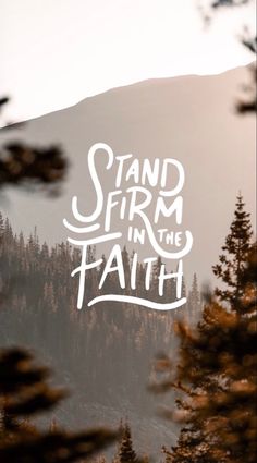 the words stand firm in the faith are shown through pine trees and mountain range behind them